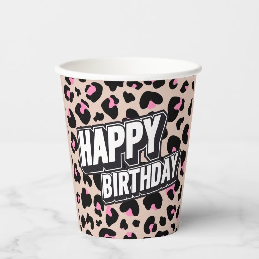 Fett rosa Leopard Happy Birthday Paper Cup Pappbecher (Vorderseite)