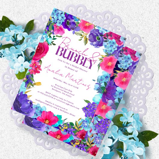 Fett rosa Lila Blue Watercolor Brunch Bubbly Einladung