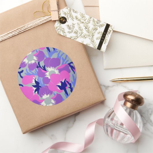 Fett Rosa & Lila Windflower-Muster Retro Runder Aufkleber (Schenken)
