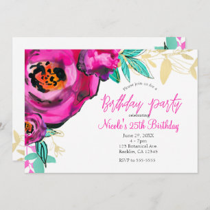 Fett rosa Moderne Floral Watercolor Geburtstagspar Einladung