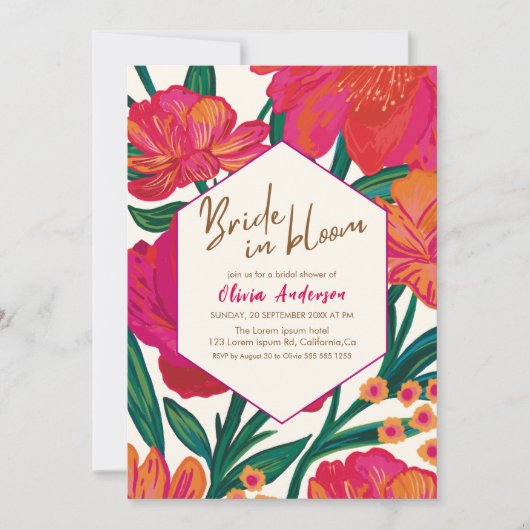 Fett rosa und orange Braun in blühendem Brautparty Einladung (Vorderseite)