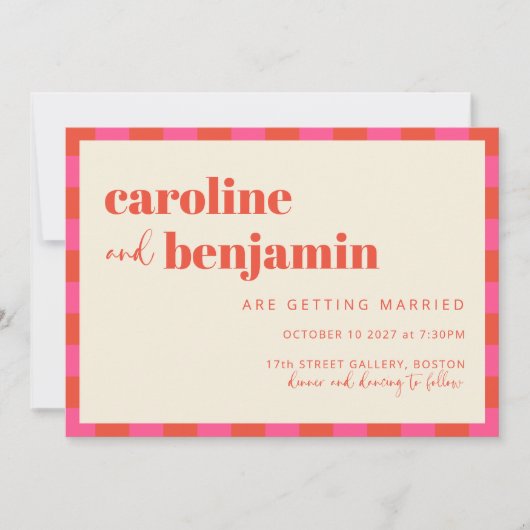 Fett rosa und orangefarbenes Prüfbrettmuster Hochz Einladung (Vorderseite)