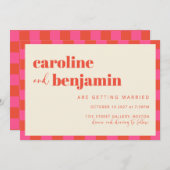 Fett rosa und orangefarbenes Prüfbrettmuster Hochz Einladung (Vorne/Hinten)