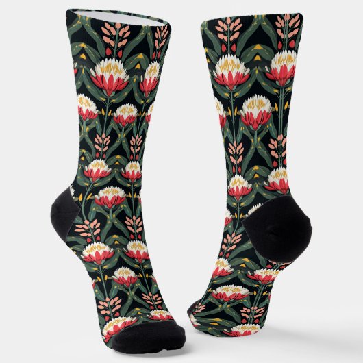 Fett Rot-Weiß-Protea-Blume Schwarze Crew Socken (Gewinkelt)