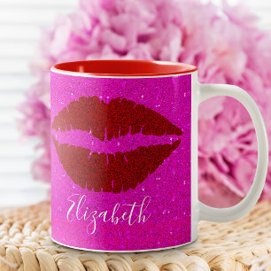 Fett rote Lippen auf Hot Pink Glitzer Individuelle Zweifarbige Tasse