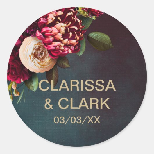 Fett roter Blütenblütenblut und goldener Hochzeits Runder Aufkleber (Vorderseite)