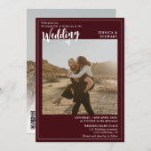Fett roter Bordeaux-Hochzeitsskript-Foto Qr-Code Einladung (Vorne/Hinten)