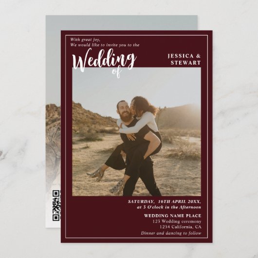 Fett roter Bordeaux-Hochzeitsskript-Foto Qr-Code Einladung (Vorne/Hinten)