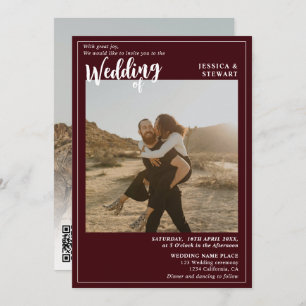 Fett roter Bordeaux-Hochzeitsskript-Foto Qr-Code Einladung