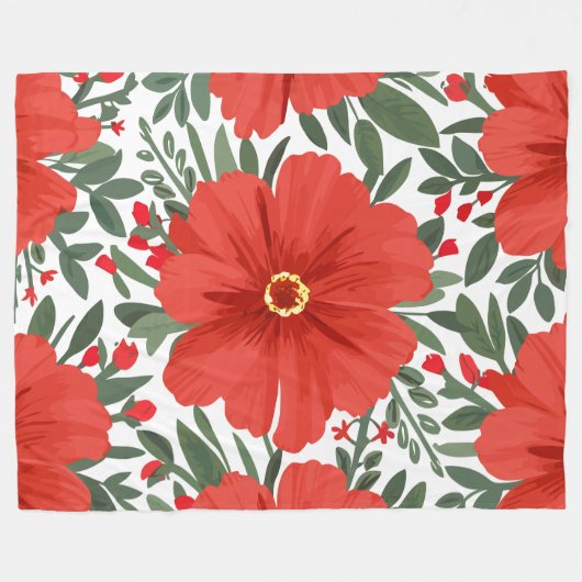 Fett rotes Blumenmuster mit grünen Blätter Fleecedecke (Vorderseite (Horizontal))