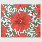 Fett rotes Blumenmuster mit grünen Blätter Geschenkpapier (Flach)