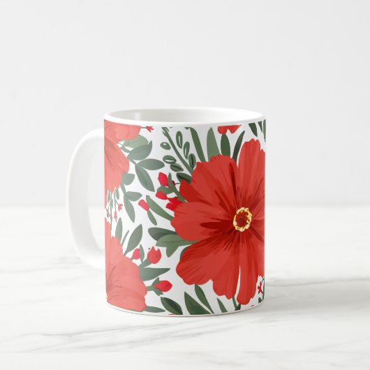 Fett rotes Blumenmuster mit grünen Blätter Kaffeetasse (Vorderseite Links)