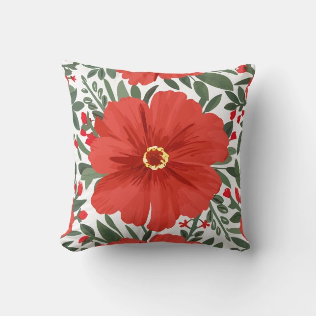 Fett rotes Blumenmuster mit grünen Blätter Kissen (Vorderseite)