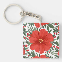 Fett rotes Blumenmuster mit grünen Blätter Schlüsselanhänger