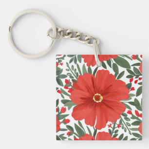 Fett rotes Blumenmuster mit grünen Blätter Schlüsselanhänger