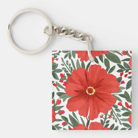 Fett rotes Blumenmuster mit grünen Blätter Schlüsselanhänger (Vorderseite)