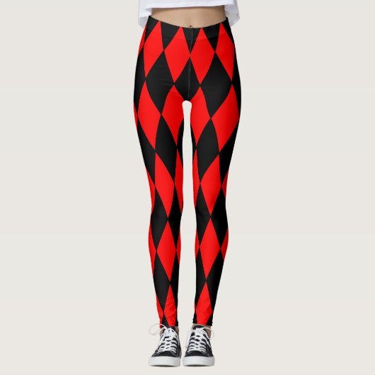 Fett rotes und schwarzes Harlequin-Karo-Muster Leggings (Vorderseite)