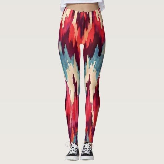 Fett rotes und schwarzes Ikat-Design Leggings (Vorderseite)