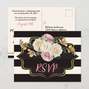 Fett schwarz, Elfenbein gestreift, Blumen RSVP Postkarte