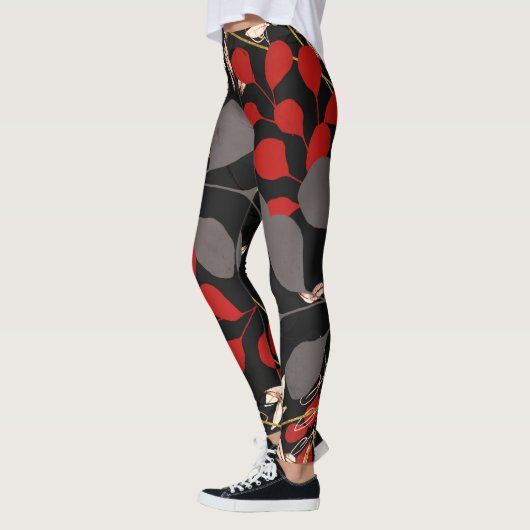 Fett Schwarz-Grau-Botanische Blätter Leggings (Links)