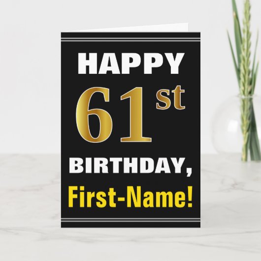 Fett, schwarz, Imitate Gold 61. Geburtstag mit Nam Karte (Vorderseite)