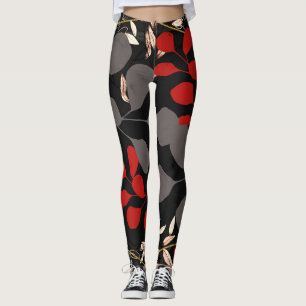 Fett Schwarz Rot Grau Botanisch Blumig Blätter Leggings