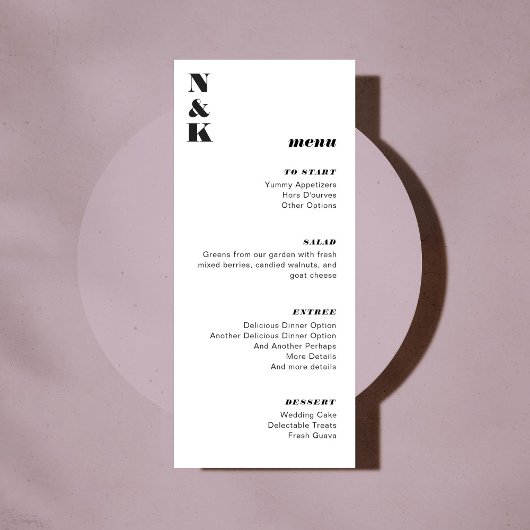 Fett Schwarz-Weiß-Hochzeitskennzeichen für Monogra Menükarte