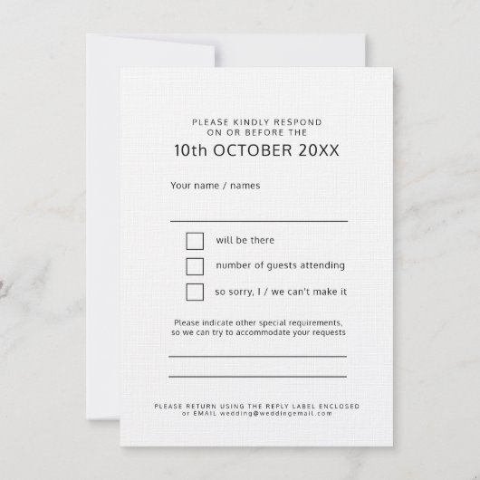 Fett Schwarz-Weiß-Text Hochzeitsantwort UAWG Einladung (Rückseite)