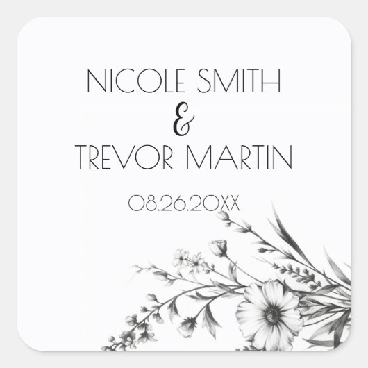 Fett Schwarz-Weiß-Wildblumen Quadratischer Aufkleber (Vorderseite)