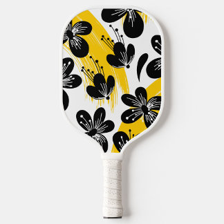 Fett-schwarze Blumenelemente mit gelben Pinselstri Pickleball Schläger