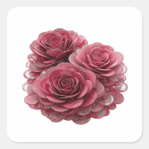 Fett Silber DREI ROSA ROSEN MIT WASSERTROPFEN Quadratischer Aufkleber