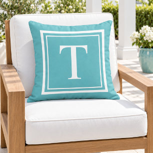 Fett Türkis Weißer Quadratischer Rahmen Monogramm Kissen