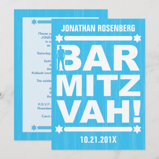 Fett Typ Bar Mitzvah Einladung in hellblau (Vorne/Hinten)