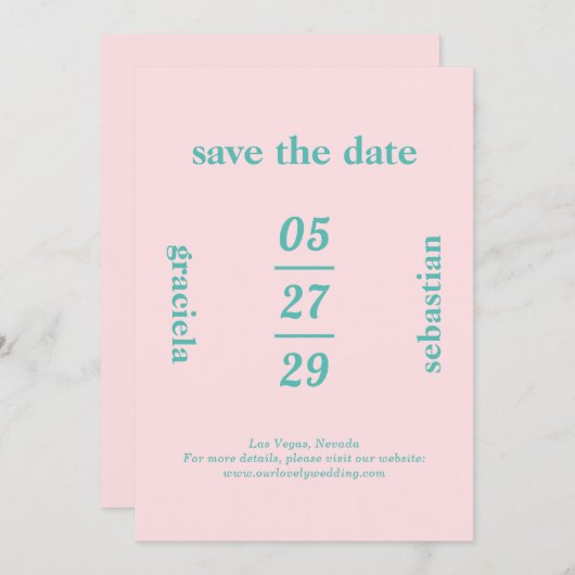 Fett Typografisch rosa Aquamarin Moderne Hochzeit Save The Date (Vorne/Hinten)