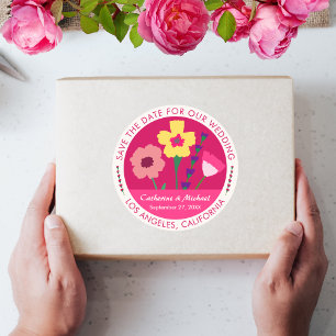 Fett und hell Fuchsia Pink Save the Date floral Runder Aufkleber