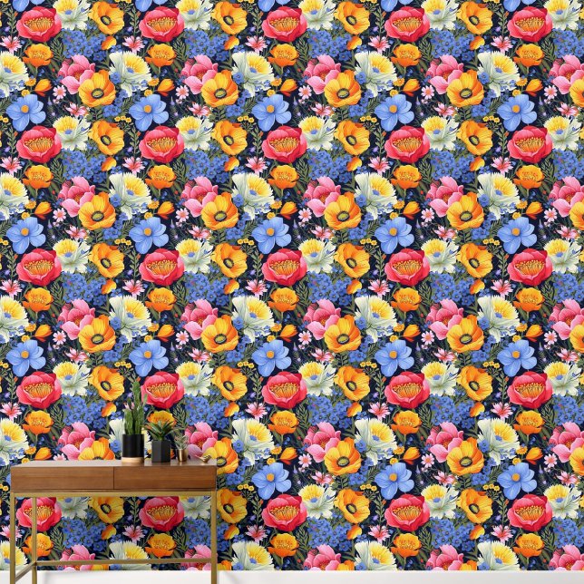 Fett und hell Rot Gelb Blau Weiße Florals Tapete (Hausflur)