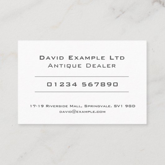 Fett- und Klare Antiquitätenhändler Visitenkarte (Rückseite)