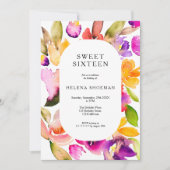 Fettabfall Übergröße Blumenwasserfarbe Süß 16 Einladung (Vorderseite)