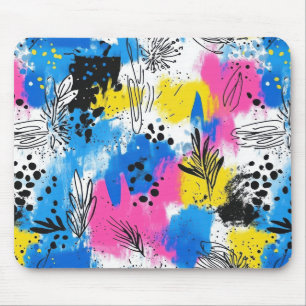 Fette abstrakte Blumen in Blau, Pink und Gelb Mousepad