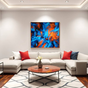 Fette Blaue Orange Abstrakte Pinselstriche Leinwanddruck