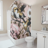 Fette Blume Vögel Rosa Gold Moderne Duschvorhang (Beispiel)