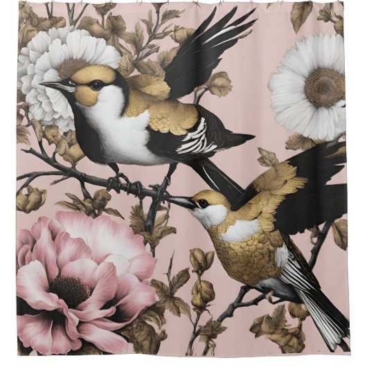 Fette Blume Vögel Rosa Gold Moderne Duschvorhang (Vorderseite)