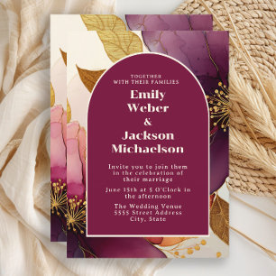 Fette Bordeaux-Pflaume-Gold-Blumenbogen-Hochzeit Einladung
