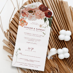 Fette burgunderrote Bohemian-Blumenhochzeit All In One Einladung