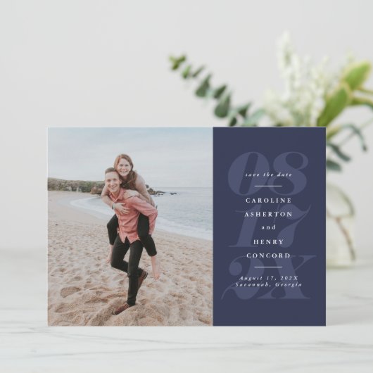 Fette Dattelnacht blaues Foto Save The Date (Stehend Vorderseite)