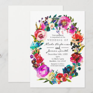 Fette Farbe Wasserfarbe Floraler Kranz Hochzeit Einladung