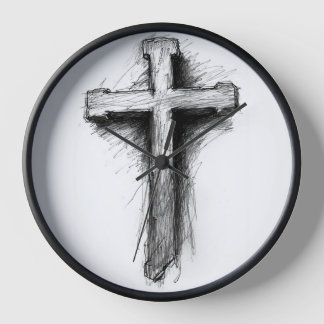 Fette, grafische christliche Wanduhr mit Kreuz