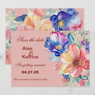 Fette Korallenrosa Blumen "Save the Date"-Karte Einladung