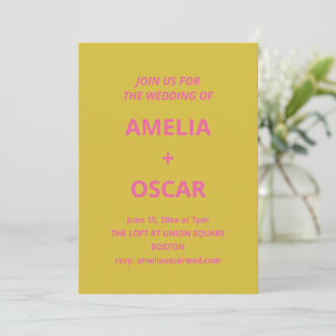 Fette moderne chartreuse-pink-gelbe Hochzeit Einladung