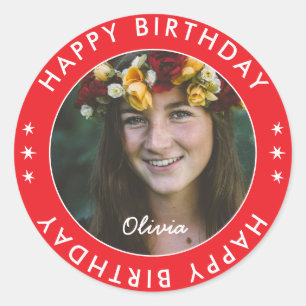 Fette moderne einfache süße rote Happy Birthday-Fo Runder Aufkleber